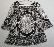 I.N.C Tunic Top Women’s Extra Large Black White Floral ¾ Sleeve Scoopneck Sheer