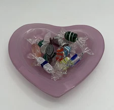 VTG ANNIEGLASS 1995 Signed Heart Shaped Glass Dish Pink Candy Bowl  7" X 8"