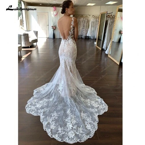 OFF WHITE Abito da sposa bianco sporco scollo a V pizzo applicazioni illusione corte treno boho sirena