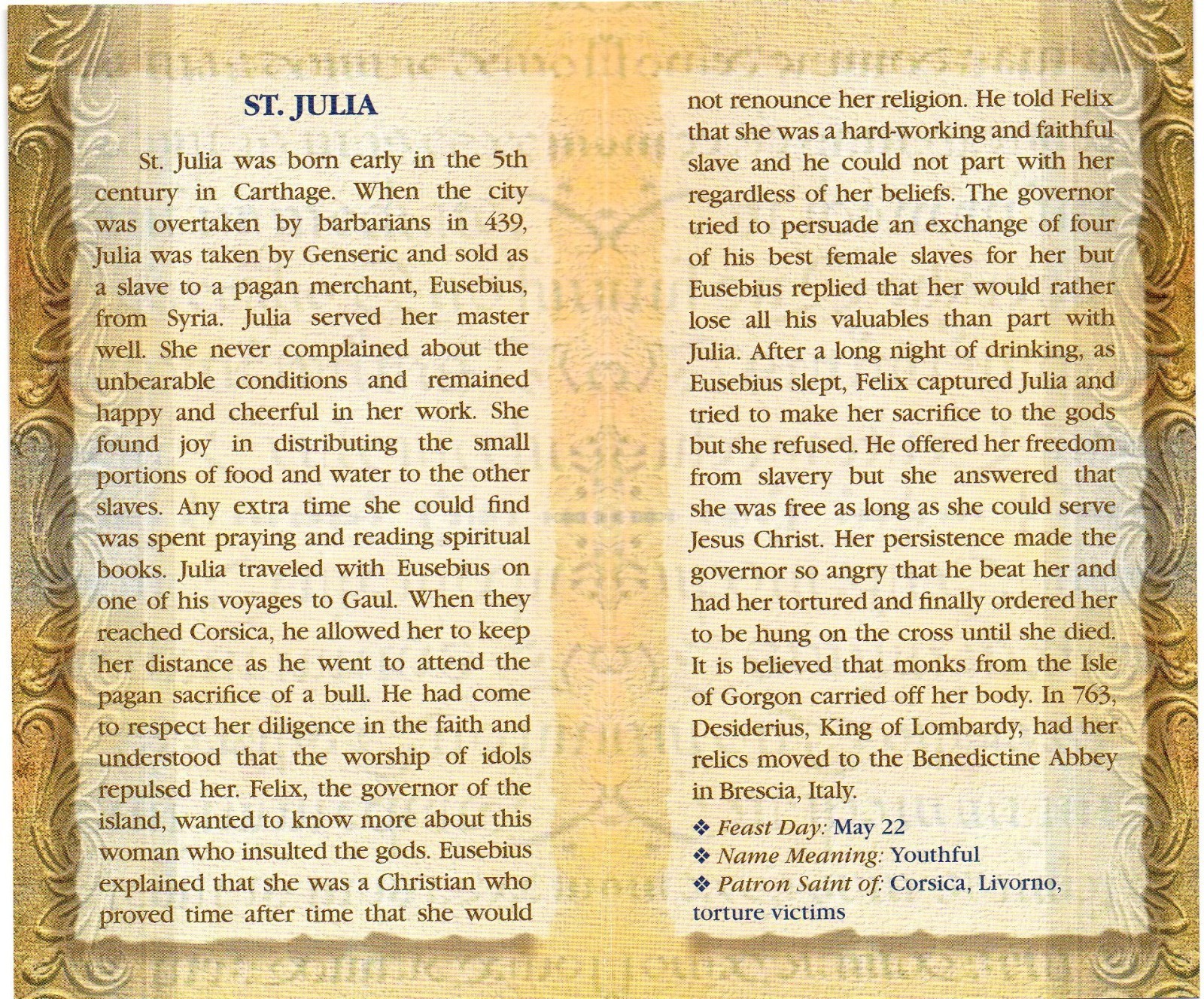 Saint St. Julia of Carthage Biography, prayer, Feast Day, etc