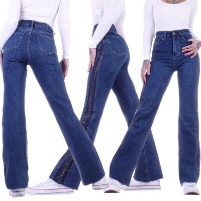 Damen Jeans Hose Bootcut High Waist Wide Leg Weites Bein Stretch Straight D21