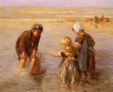 Oil painting Jan Zoetelief Tromp- the toy sailboat children on the beach canvas