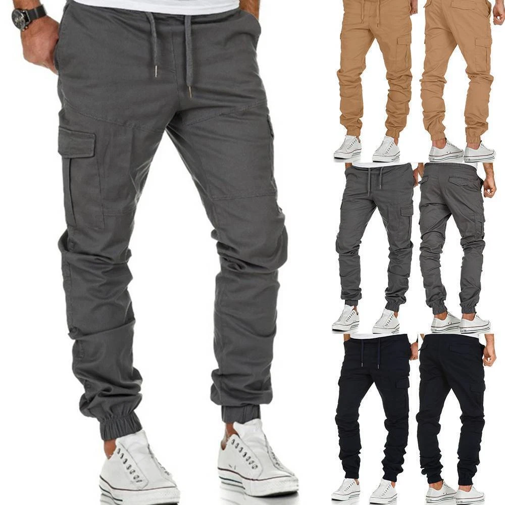 Mens Elasticated Waist Cargo Combat Work Trousers Pocket Cuffed Joggers Pants