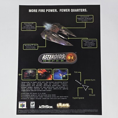 Asteroids Hyper 64 Nintendo N64 Fire Power Print Ad/Poster Official Promo Art