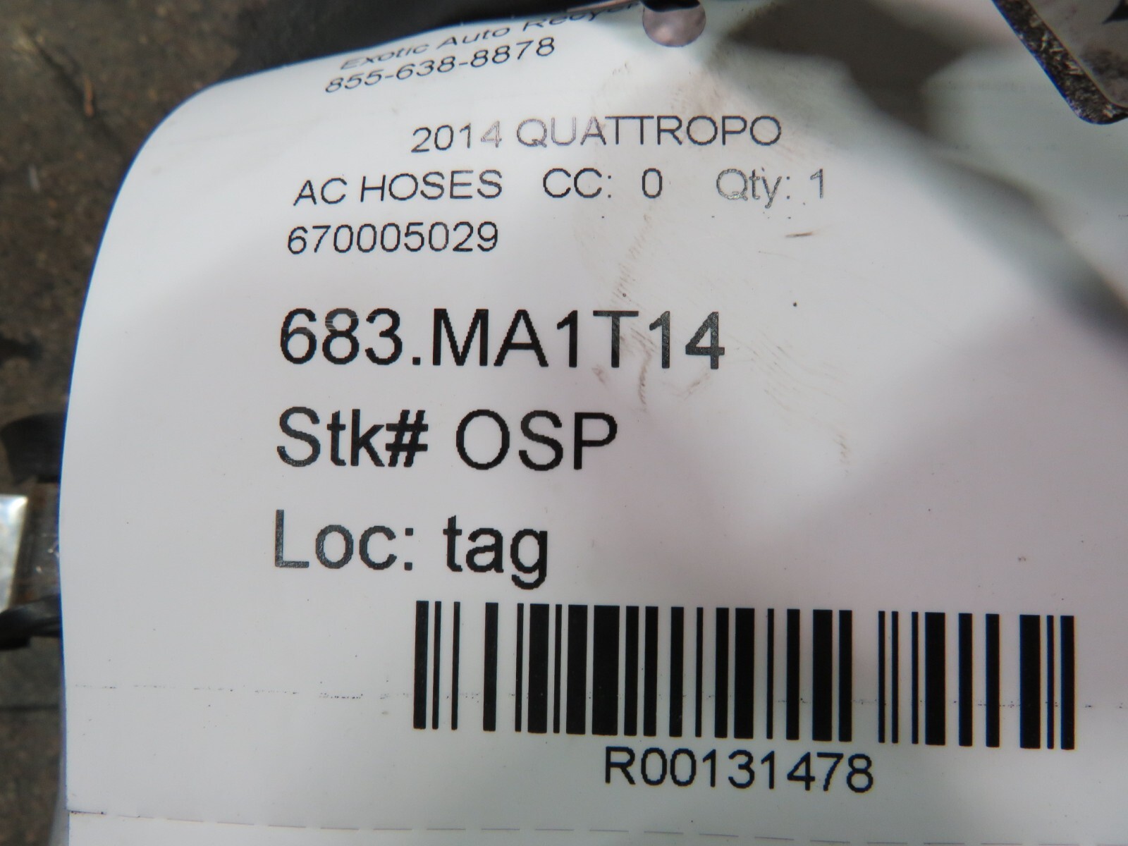 Maserati Quattroporte, Ghibli, A/C Hose, Used, P/N 670005029
