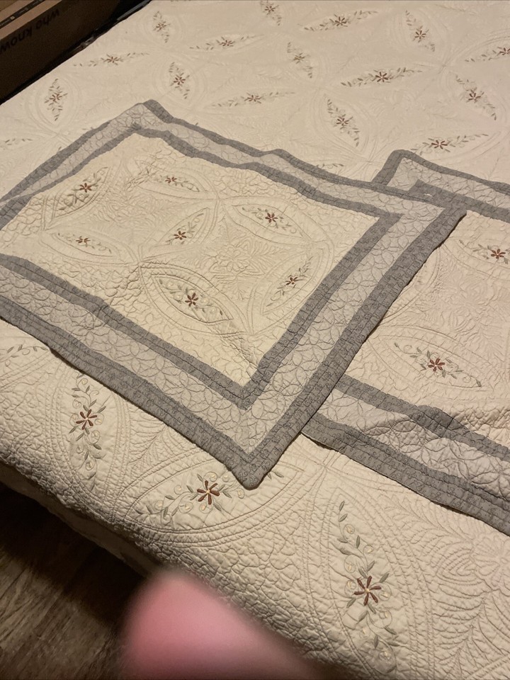 Queen Beige Quilt With Small Floral Design With 2 Standard Shams eBay