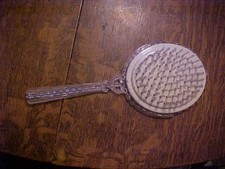 CARVED LUCITE HAIR BRUSH, w/ 1800s ROMANTIC SCENE, HAND HELD