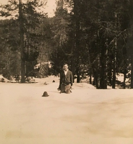 Vintage Funny Unusual B&W Photo Man in Waist Deep Snow holding Fishing Rod #3535 - Picture 2 of 2
