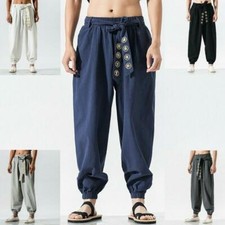 Men Wushu Art Lace Up Harem Loose Pants Chinese Kung Fu Tai Chi Trouser Training