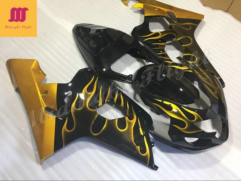 Fairing Kit for Suzuki GSXR600/750 K4 2004-2005 Gold flame Black ABS Body Panels Foto 2 de 4