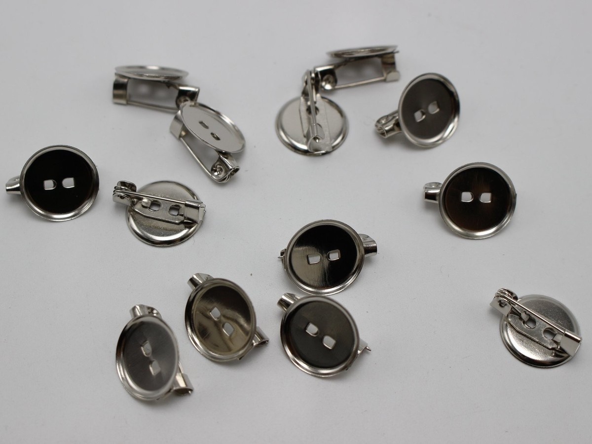 Lot De 10 Supports à Broche (Pin Back) Ronds 40mm Argentés à Coller - Neuf