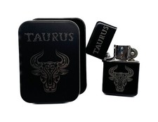 Black Metal Lighter Refillable, Laser Engraved Zodiac Taurus
