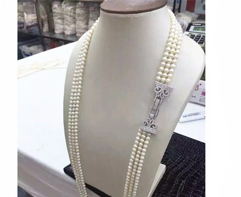 Ожерелье из трех нитей натурального белого жемчуга Южных морей 5-6 мм AAA 25 дюймов 26 дюймов 27 дюймов - Изображение 4 из 4