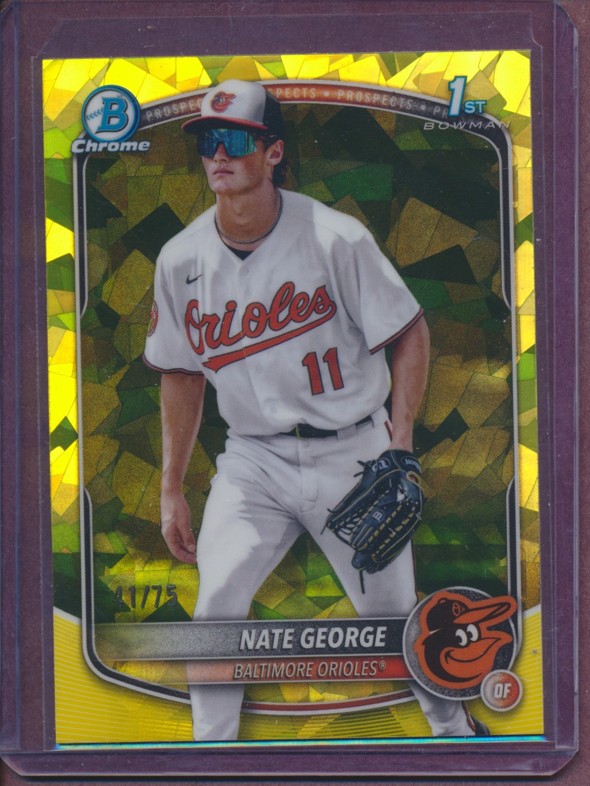 NATE GEORGE 2025 BOWMAN CHROME 1ST SAPPHIRE YELLOW REFRACTOR /75 Orioles