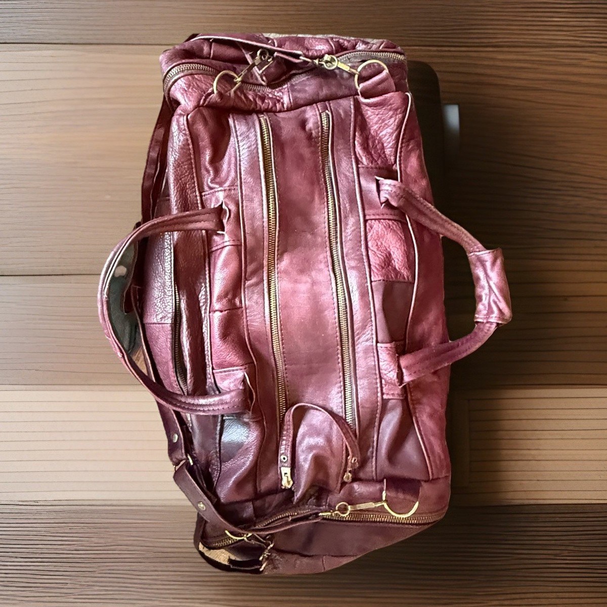 VTG Retro Burgundy Leather Duffle Bag Patchwork Weekender 20 x 12