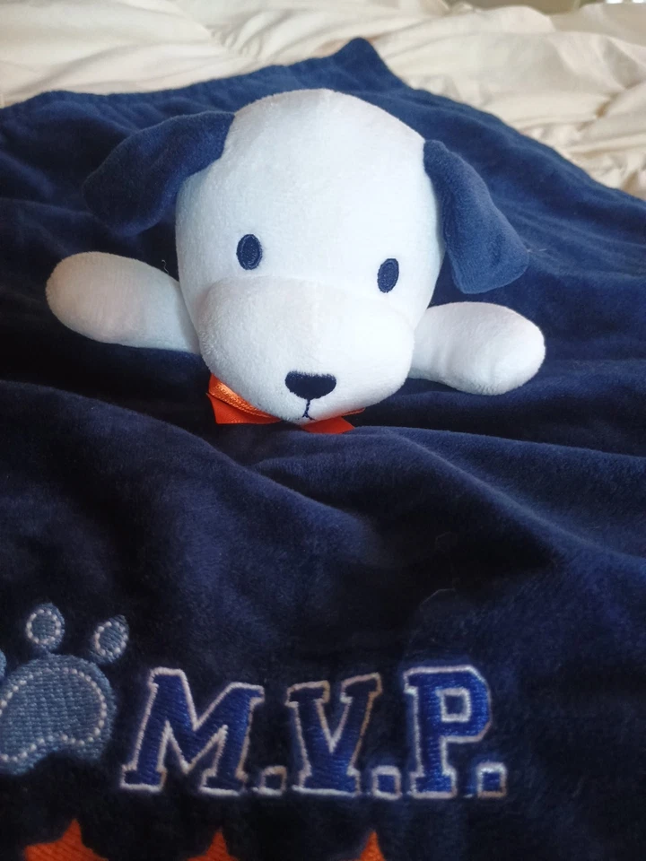 Manta de seguridad Baby Starters cachorro azul sonrisa Lovey satinado orejas traseras sonajero Foto 2 de 4