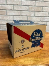 Vintage 1950s Pabst Blue Ribbon Beer Half Quart Flat Cans 6-Pack Cardboard Case