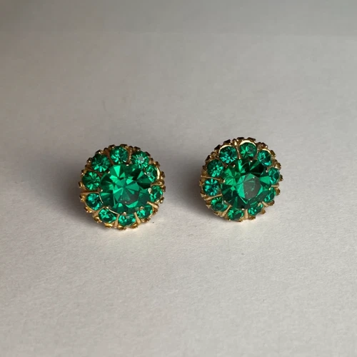 *SOLD* Vintage Green Gem Rhinestone Pierced Stud Earrings Retro Costume Jewelry
