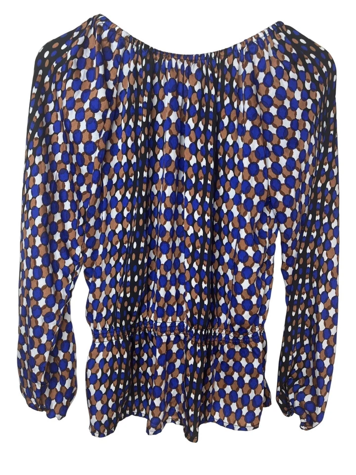 Blusa Ellen Tracy Mujer XS Marrón Azul Estampado Geométrico Manga Larga Trabajo Top Foto 2 de 4
