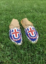 Native Regalia American Beaded Powwow Moccasins Red Blue Beads Leather MC635