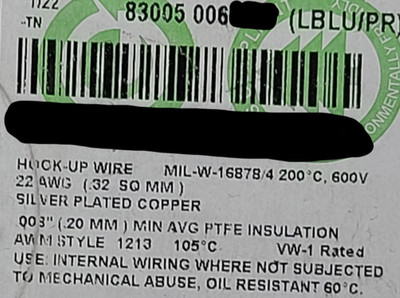 Belden 83005 #22awg M16878/4 Silver PTFE Hook-up/Lead Wire 200C/600V Blue /100ft