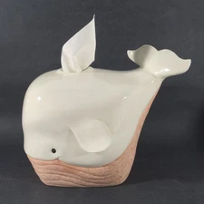 Vintage Ceramic White & Pink Whale Square Tissue Box Holder Cover