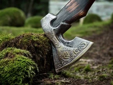 Handcrafted Viking Axe Norse Engraved Blade Leather Covered Wood  Leather Sheath