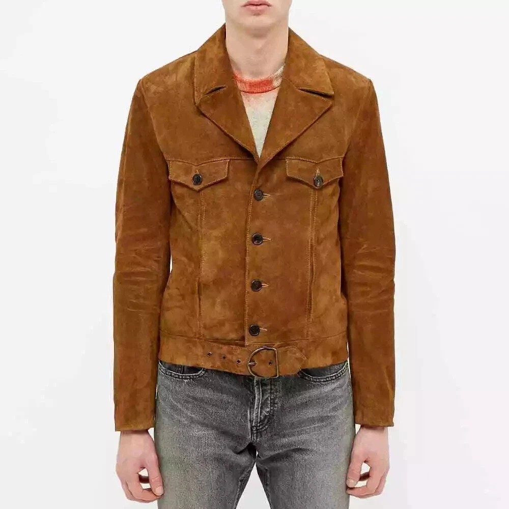 Mens Brown Vintage Suede Leather Jacket Slim Fit Bomber Biker Trucker Jacket XL