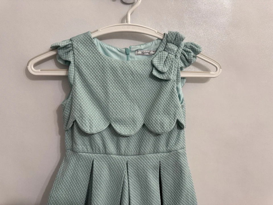Mayoral Girls Size 6 Dress Light Teal Textured Bow Short Sleeve Holiday Party - Image 3 of 4