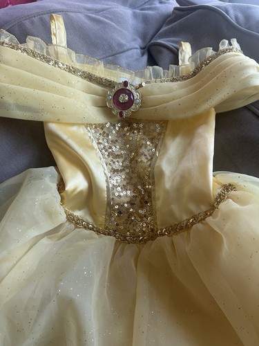 DISNEY STORE Belle Costume Dress Beauty & Beast DELUXE Gold Glitter Princess 5/6 - Picture 2 of 9