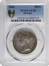 1846 Portugal 500 Reis Maria II Silver Coin PCGS AU50 Scarce Low Pop