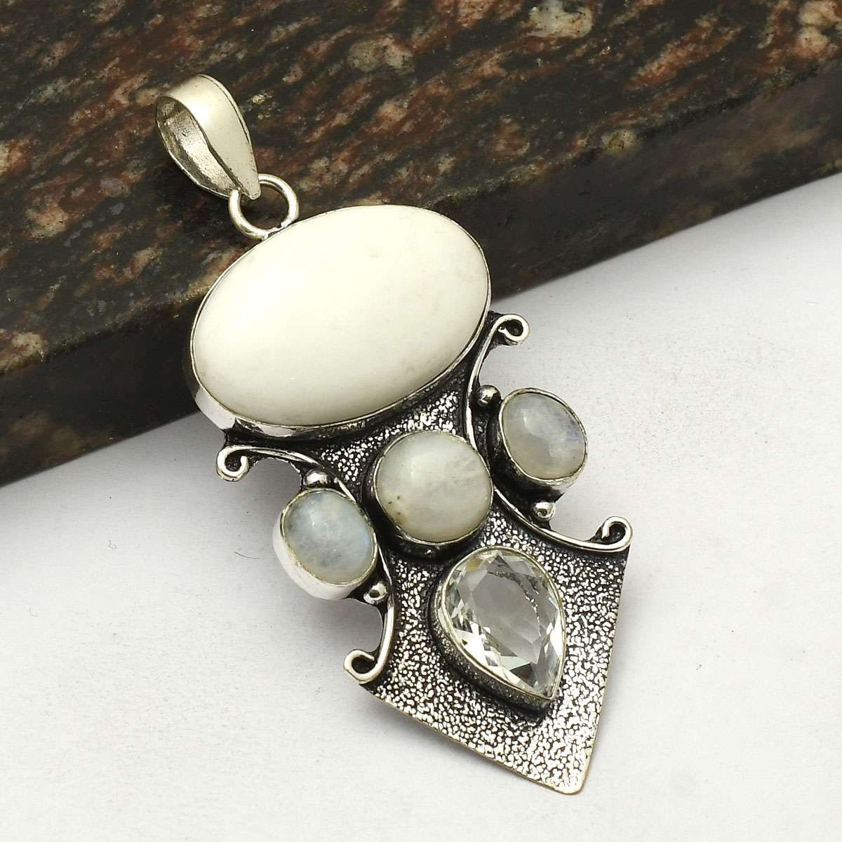 White Opal Rainbow Moonstone Gemstone Ethnic Handmade Pendant Jewelry 3