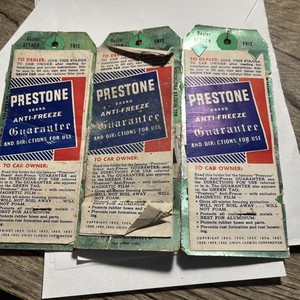 VTG (3) PRESTONE ANTI-FREEZE GREEN TAG GUARANTEE PAPER LABLES 1960