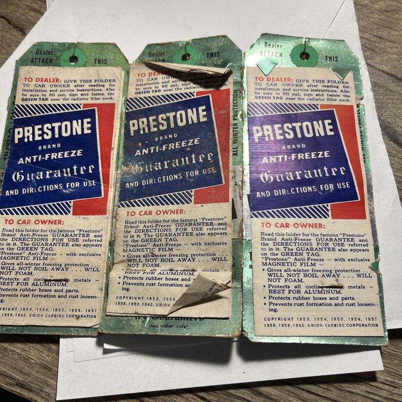 VTG (3) PRESTONE ANTI-FREEZE GREEN TAG GUARANTEE PAPER LABLES 1960