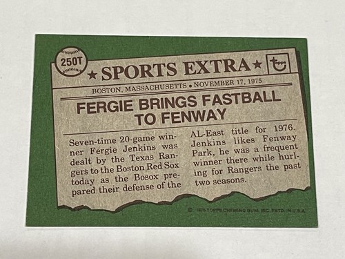 1976 Topps Baseball Traded #250T - Fergie Jenkins - Boston Red Sox - Picture 2 of 2