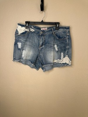 Hot Kiss Womens Cici Distressed Denim Shorts Size 18 crochet cotton pockets
