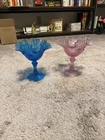 2 Fenton Compotes Cranberry Cabbage Rose & Blue Thumbprint