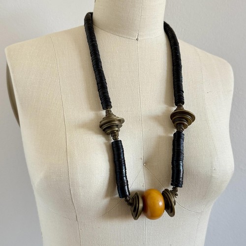 Vintage Tribal Statement Necklace – Black Discs & Brass Beads w/ Amber Accent