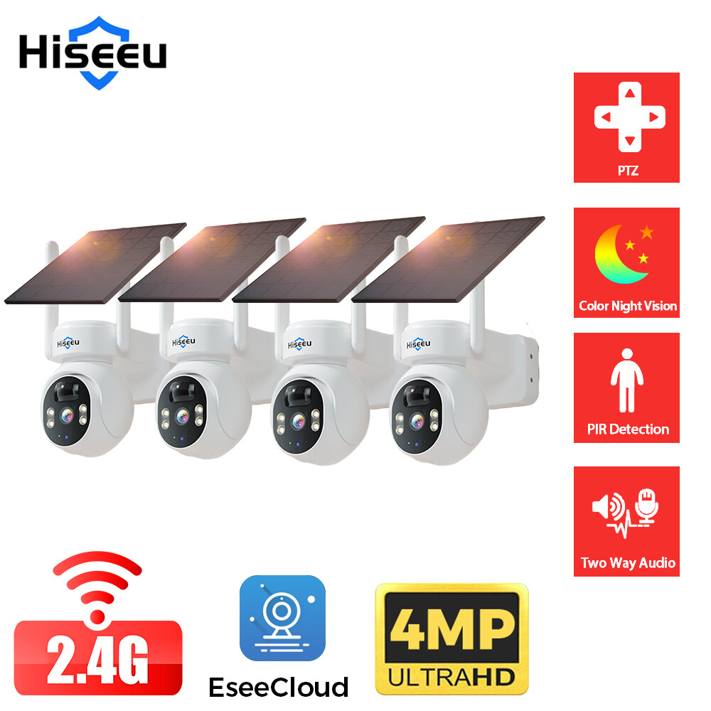 1~4PCS Hiseeu WIFI Solar Battery 4MP Wireless PTZ Security Camera Outdoor PIR
