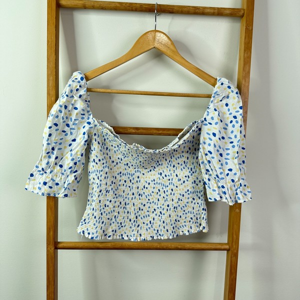 Thanne Crop Blouse Womens 12 White Polka Dot Short Sleeve Off The Shoulder Top
