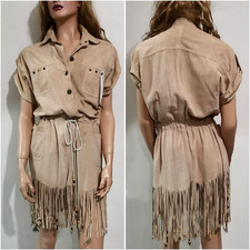 🆓US🛃 vintage D&G Dolce&Gabbana goat suede beige fringe trimmed Dress IT 38