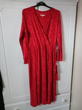 Ladies Dress White Stuff Size 14 Red Multi Mock Wrap Front Belt Viscose Midi LS