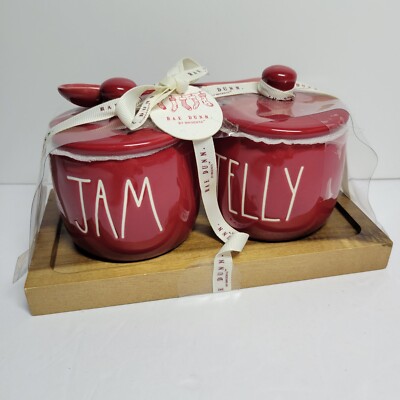 Rae Dunn Jam and Jelly Pots Wood Tray Christmas Red Lids and Spoon Gift Set