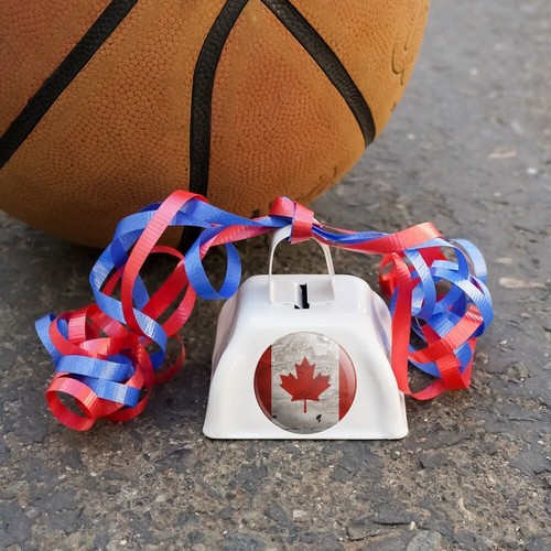 Rustic Distressed Canada Flag on Wood White Metal Cowbell Cow Bell Instrument - Picture 3 of 3