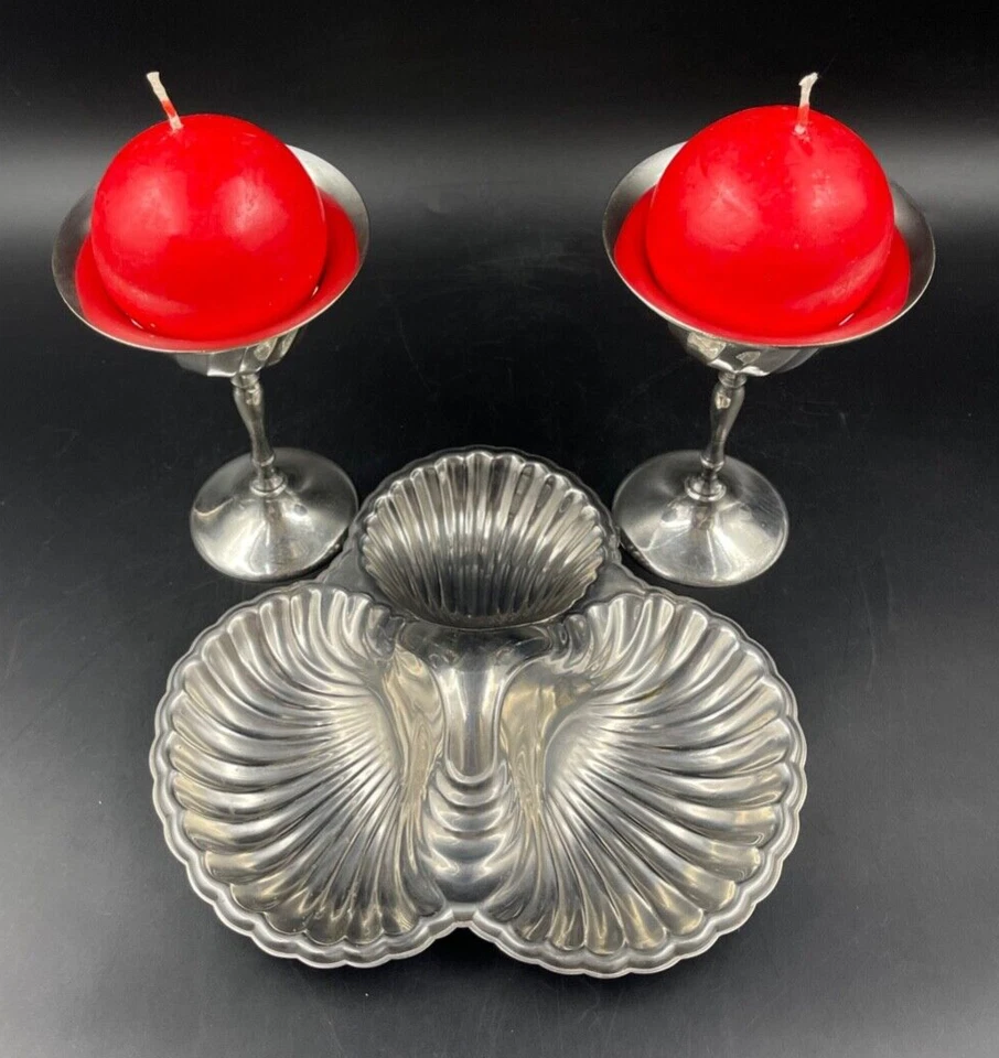 SET APERITIVO ANTIPASTIERA 3 SCOMPARTI CONCHIGLIA 2 PORTA CANDELA CANDELABRO - Immagine 3 di 4