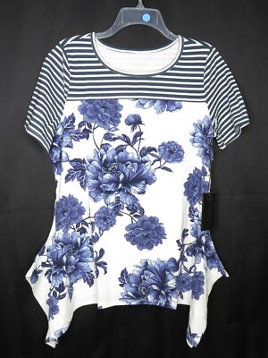 NWT DG2 DIANE GILMAN NAVY COMBO PRINT SCARF HEM KNIT TOP SZ M #B298