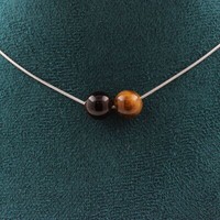Steine Und MinéRaux. Halskette 2 Perlen Tigerauge 8 Mm. Kette Stahl Nirosta