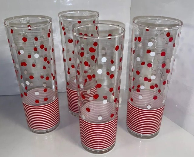 Vintage Rare Libbey Red Striped And Polka Dots Tom Collins Tumbler