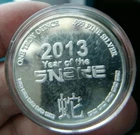 .999 Fine 1oz Silver 2013 Year of the Snake Round Art  #1867
