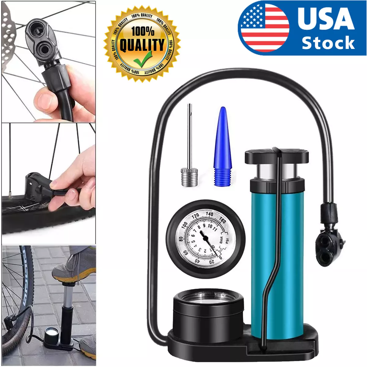 Bike Pump Mini Portable Bicycle Foot Pump Pressure Gauge Tire Air